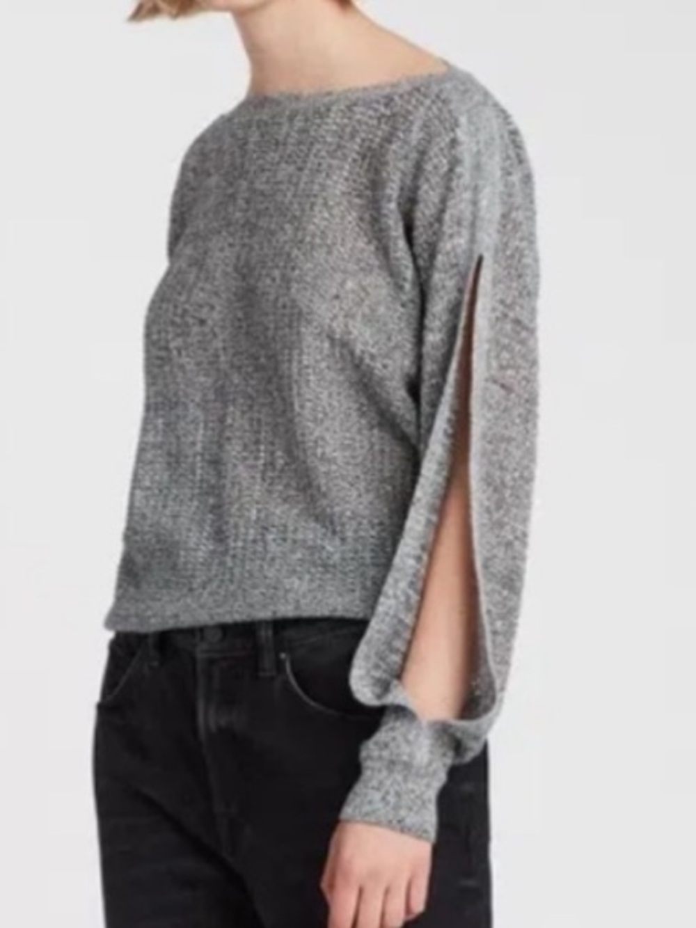 All Saints Elle Open Shoulder Gray Slit Sleeve Loose Knit Sweater